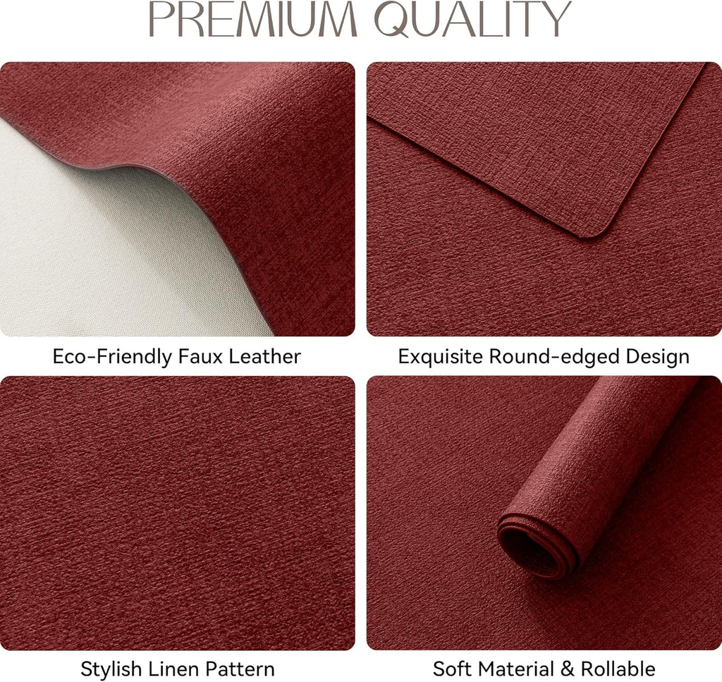 Romanstile Vinyl Placemats Set of 8-12 X 18 Inch - Heat Resistant Place Mats 100% Waterproof Oilproof Wipeable Reversible Faux Leather Table Mats for Kitchen/Dining/Party/Outdoor, Red