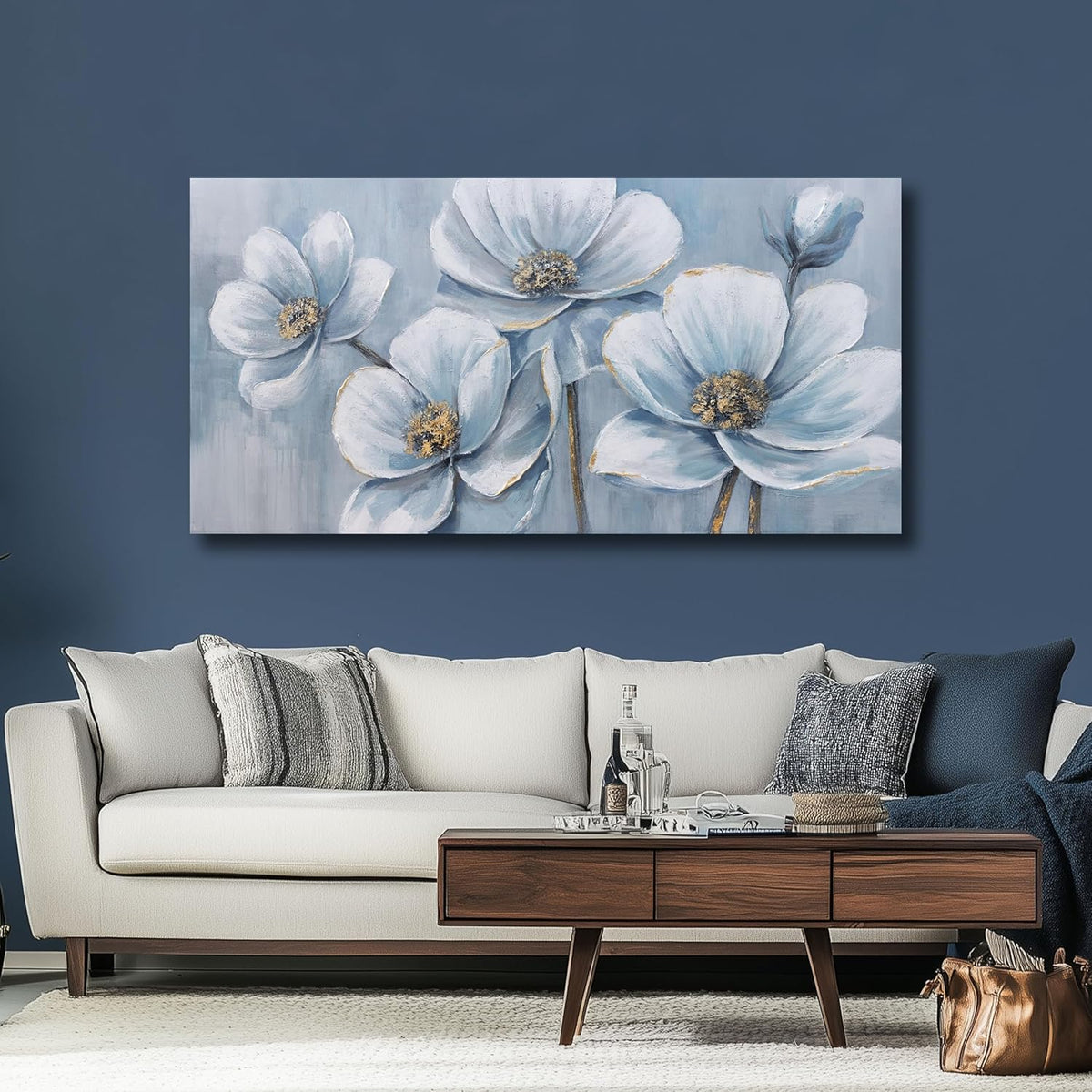 Belmrxne Flower Painting Blue Wall Art Modern Canvas Hanging Wall Decor Rustic Canvas Painting for Living Room Bedroom Dining Room Office Home Decor 24x48 inch