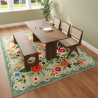 Living Room Rug 6x9 Rug Machine Washable Boho Area Rug Non Slip Floral Vintage Low Pile Large Rug for Living Room, Bedroom, Farmhouse, Dining Room, Kids Playroom(Green)