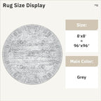 Soalmost Round Rugs 8ft Living Room Circle Area Rug 8x8 Grey Vintage | Washable - Image 3
