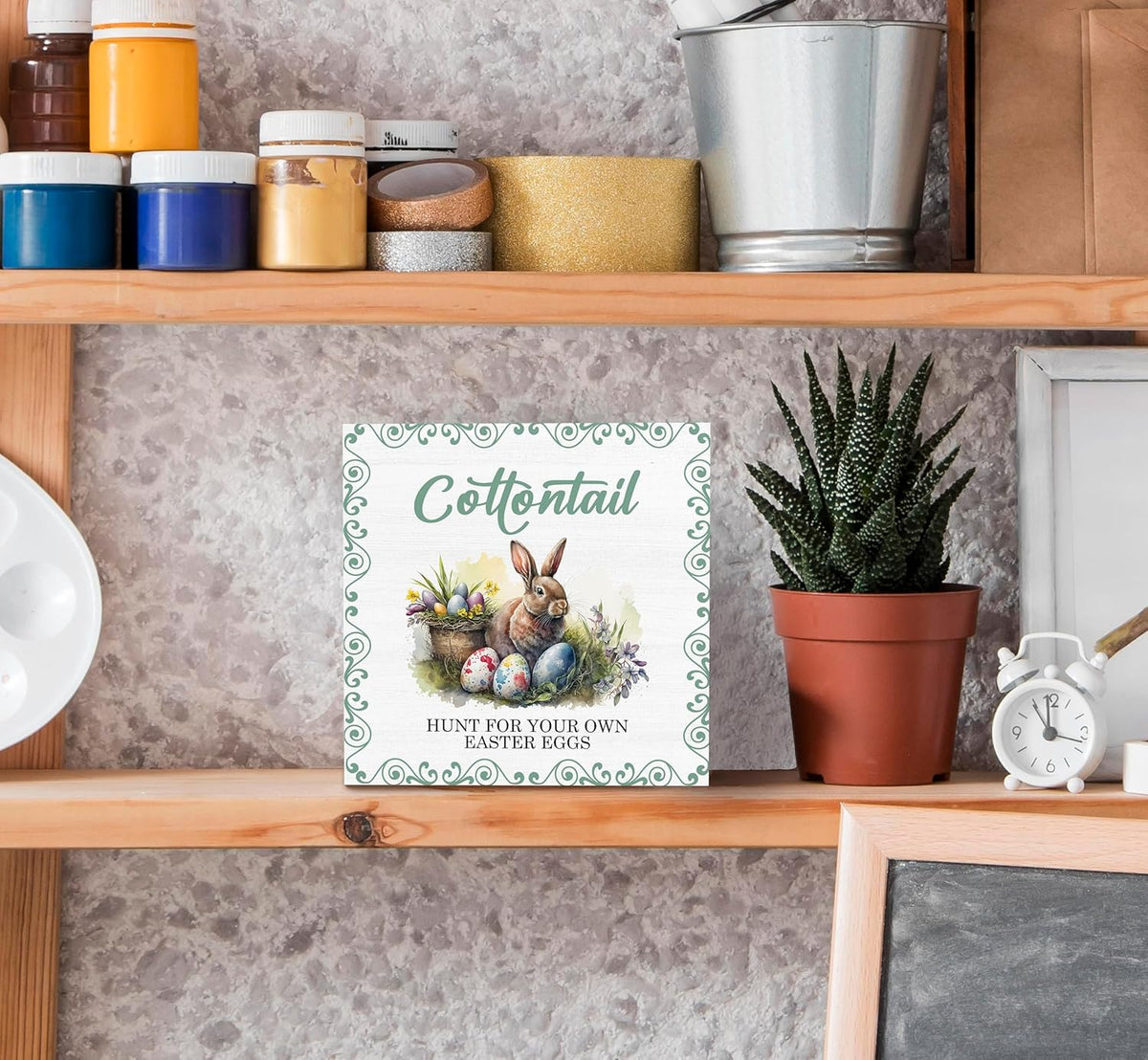 SRADMO Easter Wooden Block Decorative Sign, 5x5 inches, Wood, Tabletop Mount, Multicolor, Easter Theme, Rustic Style, Pre-Printed Text: Cottontail