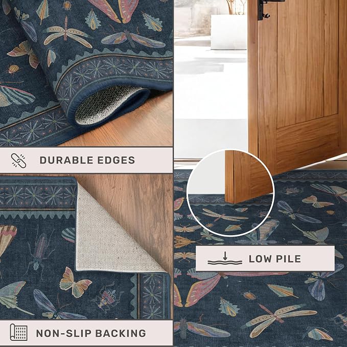 Vintage Dark Blue Insect Moth Runner Rug 3x8, Non Slip Washable Carpet - Image 4