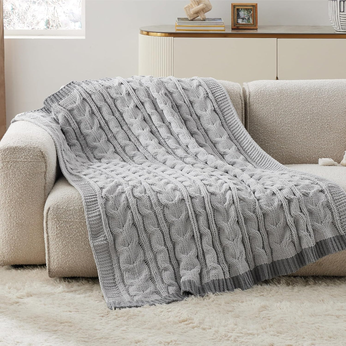 Bedsure Cable Knit Throw Blanket for Couch Bed - Breathable Chenille Chunky Knit Throw Blanket for Decorative Gift, GentleSoft Cozy and Warm for Winter and All Seasons, Grey, 50x60 Inches