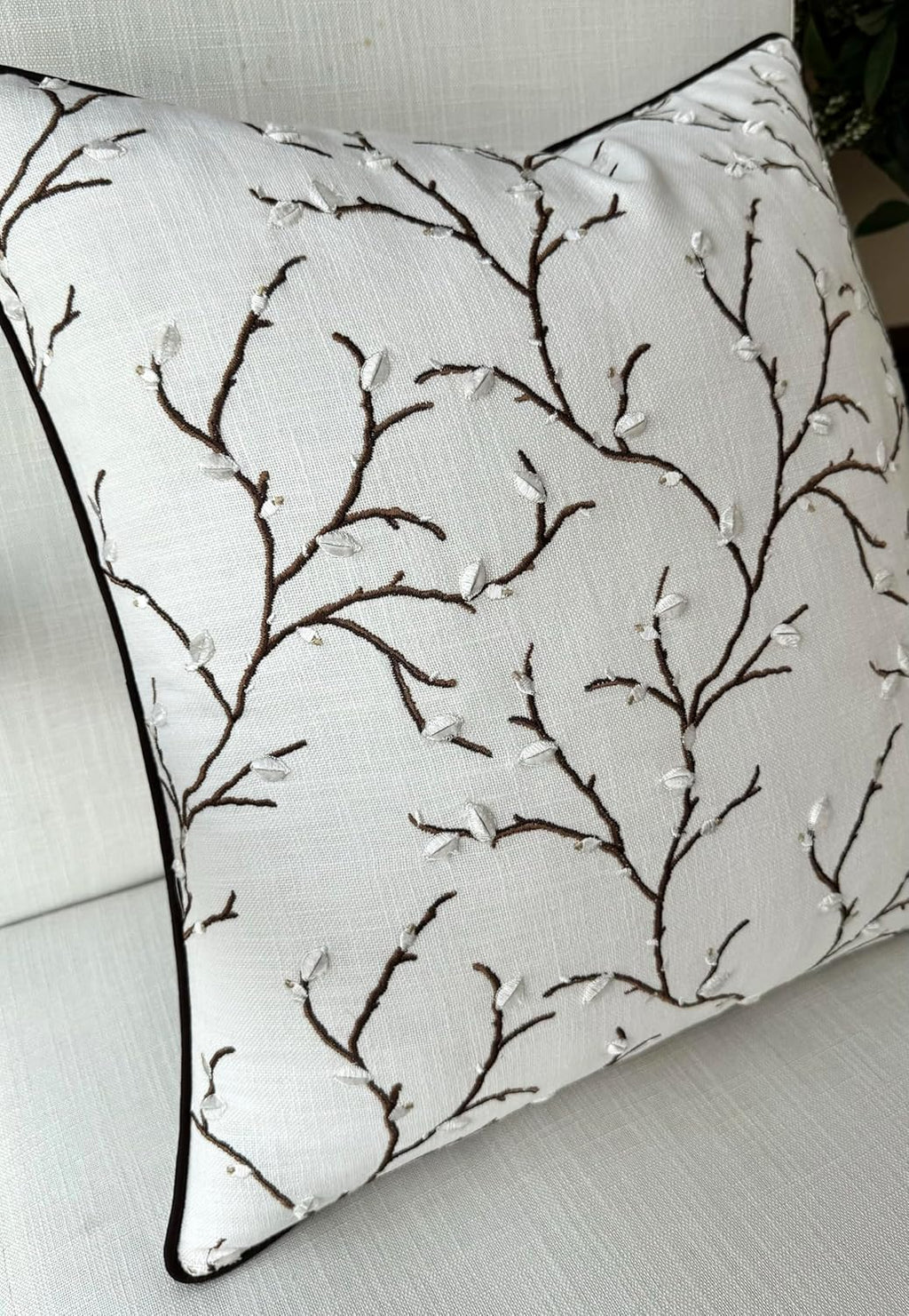 VAGMINE Embroidered Pussy Willow Throw Pillow Cover - 20x20 Inches Square - 100% Cotton Ivory Cushion Cover - Delicate Floral Stitchwork - Chic Home Accent for Sofa, Lounge, Rustic Farmhouse Décor