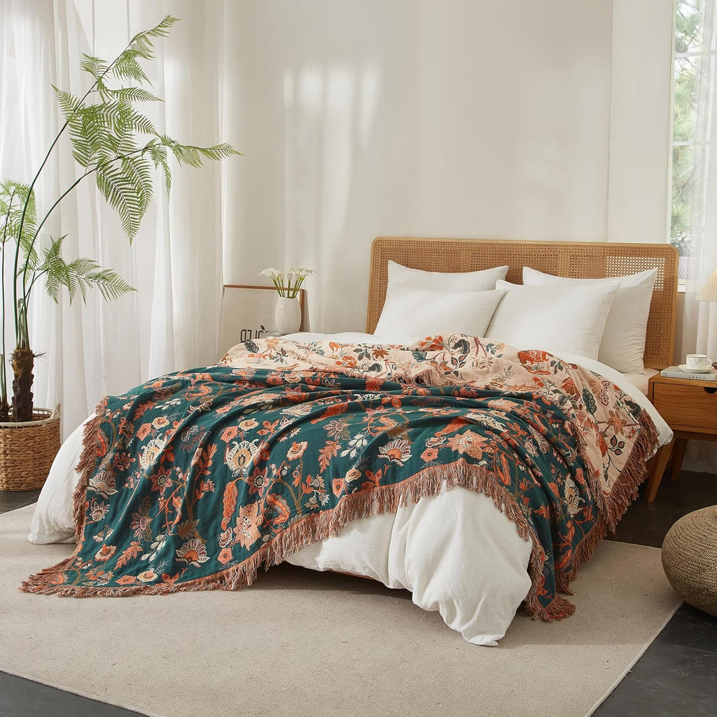 Boho Throw Blanket for Bed 90”x98”, 100% Cotton Woven Blanket for Couch Sofa, Ultra Soft 4-Layer Muslin Quilt with Floral Printed, Farmhouse Bed Blanket/Cover for Living Room Decor