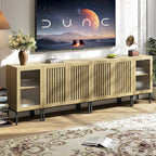 Farmhouse TV Stand for TVs up to 100 Inch, Entertainment Center TV Console with Storage Cabinets and Glass Doors,Media Console for Living Room,Oak