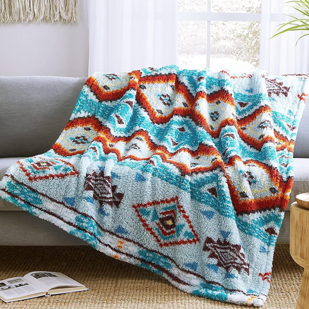 CASAAGUSTO Boho Sherpa Blanket,Teal Aztec Twin Blanket, Ultra Soft, Warm, Cozy, Plush, Thick Fleece Western Blanket for Couch, Bed, Sofa (Aqua 60 * 80 Inch)