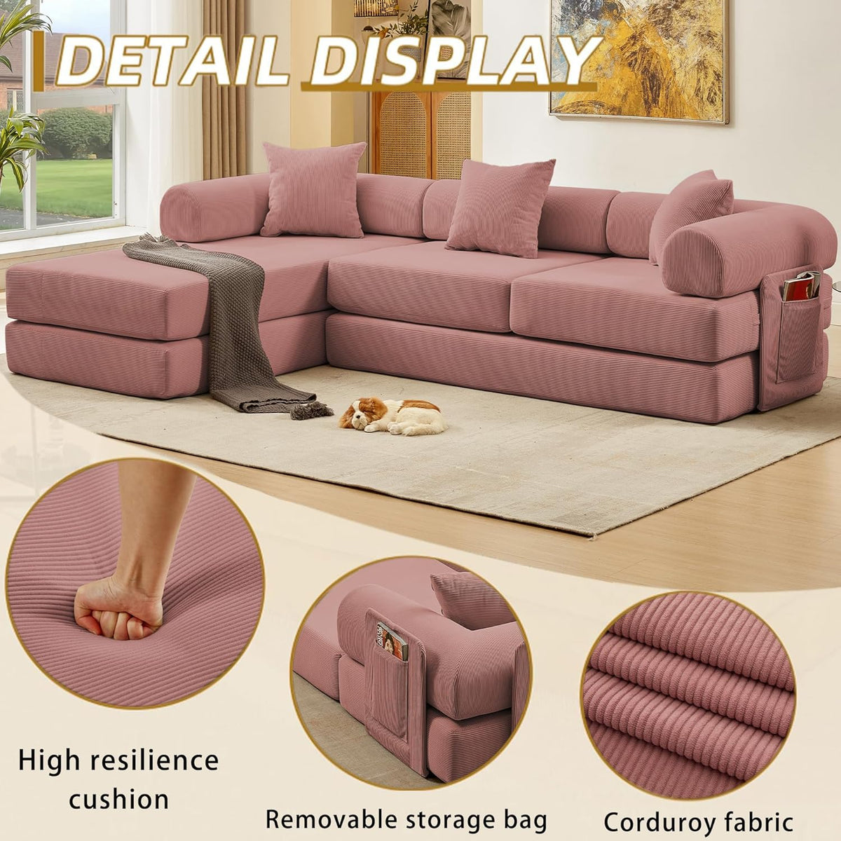 107" Oversized Convertible Sleeper Sofa Bed, Corduroy L Shape Sectional Couch, Folding Sofa Bed with Side Pocket, Modern Cloud Floor Mattress Couch, Modular Sofa for Living Room, Pink