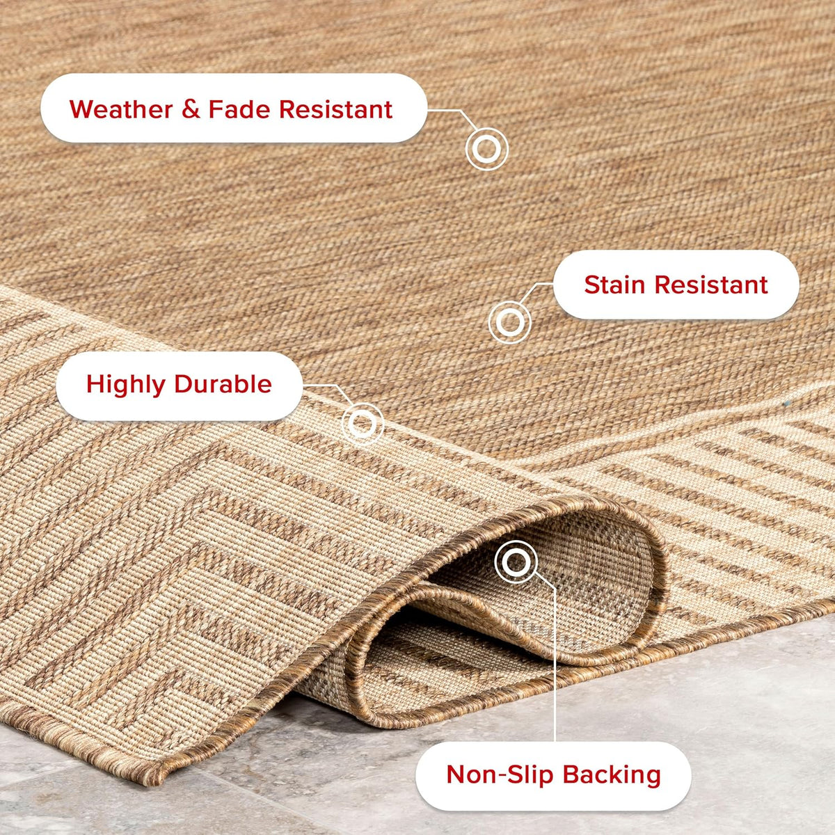 nuLOOM 5' x 8' Outdoor Area Rug, Casual Design With Striped Border, Stain Resistant, Highly Durable, For Patio, Balcony, Bedroom, Living Room, Dining Room, Bathroom, Light Brown