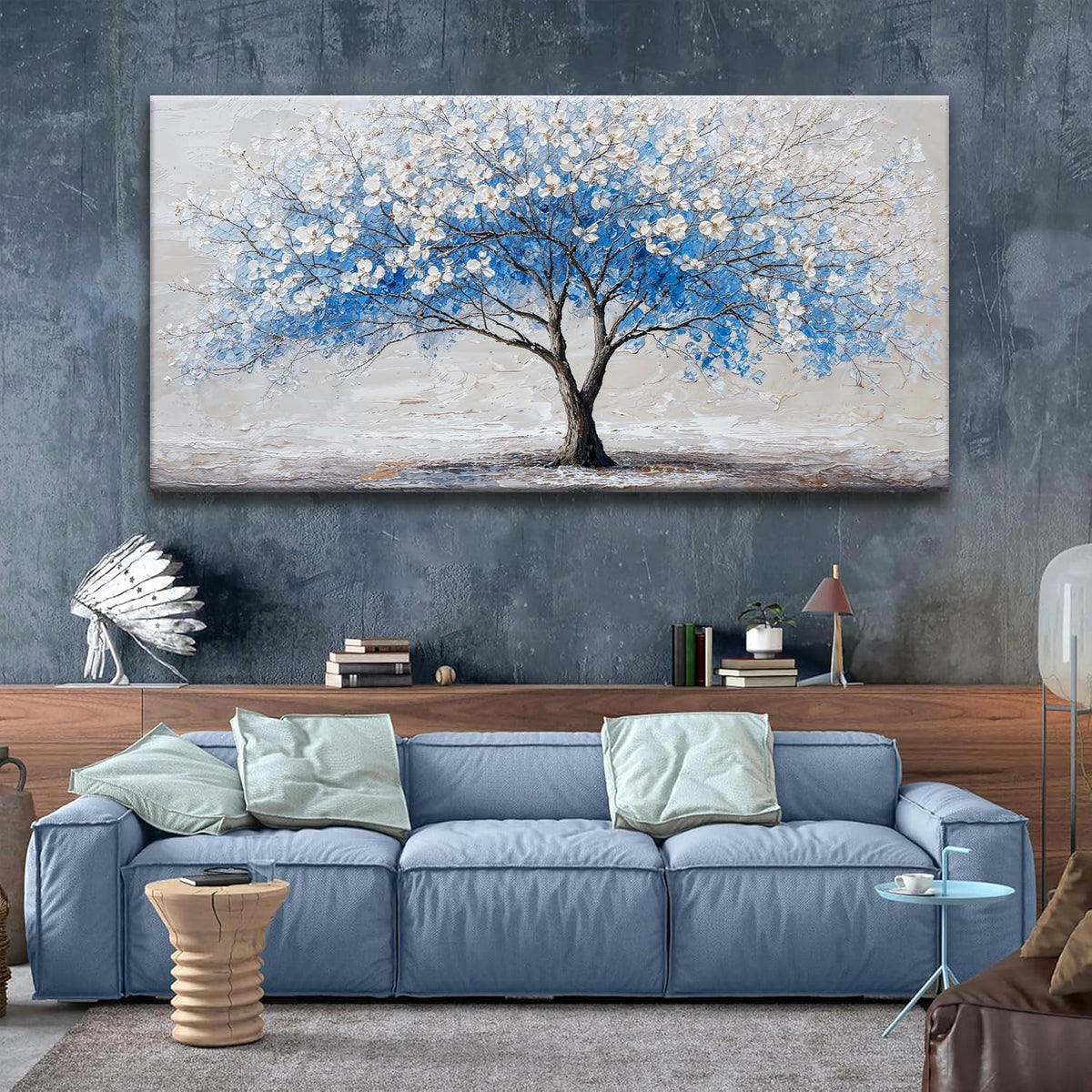 Large Wall Art For Living Room Blue Tree Of Life Modern Wall Artwork Prints Canvas Art Wall Decor Painting Blue Tree Pictures Abstract Wall Decor For Home Bedroom Office Ready To Hang 29"×58"
