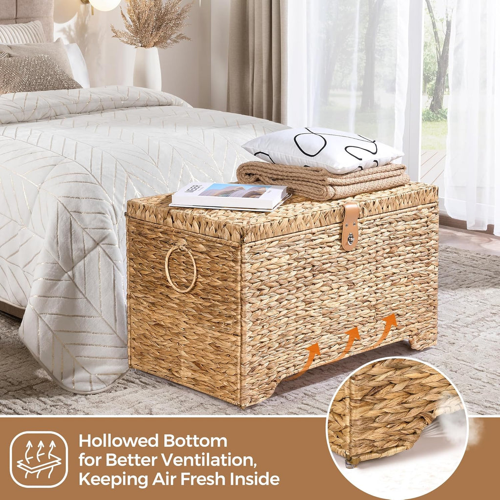 Handwoven Storage Basket with Lid, 165L Wicker Storage Bin, Natural Water Hyacinth, Leather Buckle & Metal Frame, Metal Ring Handles for Easy Transport, Storage Chest & Trunk for Bedroom, Living Room