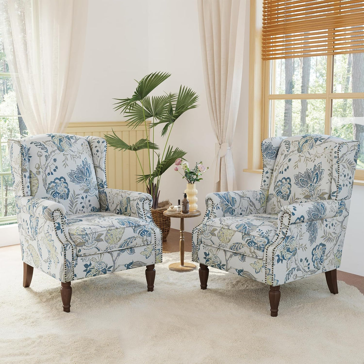 Lumibee Wingback Accent Chair, 2 Set High Back Floral Armchairs in Fabric,Comfy Upholstered Reading Single Sofa Chairs with Solid Wood Legs for Living Room,Bedroom,Office-Plants Blue