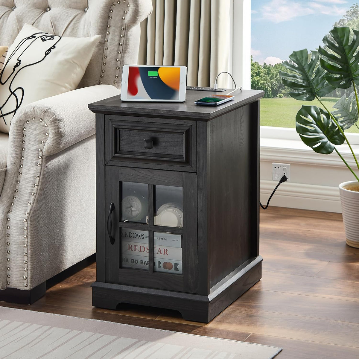 Farmhouse XXL End Table with Charging Station, Side Table with USB Ports and Outlets, Nightstand with Drawer and Glass Door Storage, Grey Bedside Tables for Living Room, Bedroom, Office