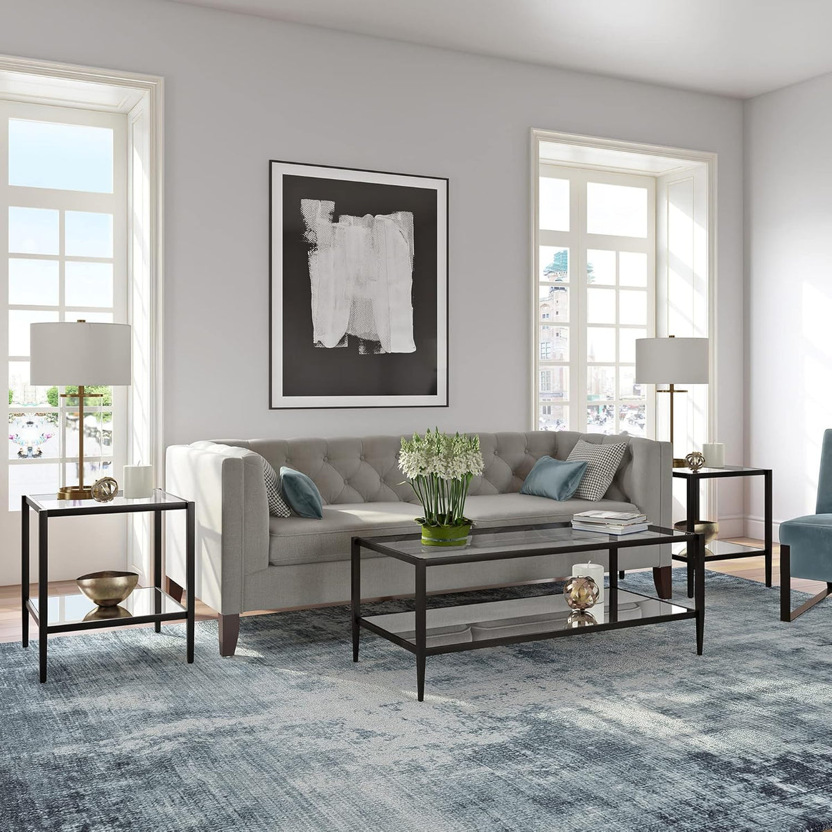 Henn&Hart 20" Wide Square Side Table with Mirror Shelf in Blackened Bronze, Table for Living Room, Bedroom