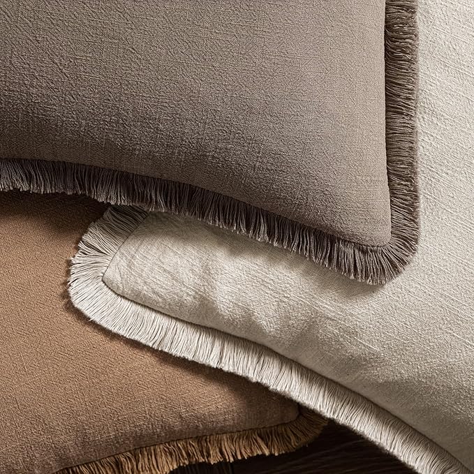 MIULEE Linen Fringe Decorative Fall Euro Throw Pillow Covers Coffee 24x24 | Set - Image 4