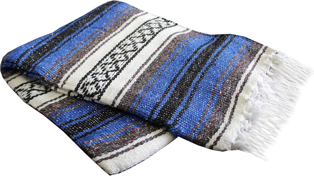 Del Mex Classic Mexican Blanket, Large Authentic Woven Falsa Throw (70"x50"), Artisan Southwest Décor for Beach, Yoga, Outdoors (Blue)