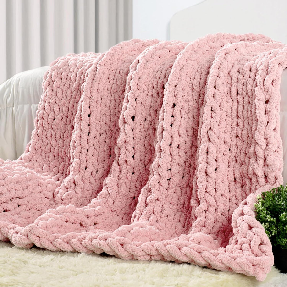 Carriediosa Chunky Knit Throw Blanket 50" X 60", 100% Hand Made Large Chenille Loop Yarn Soft Fluffy Throws for Couch Sofa Bed, Big Crochet Cozy Heavy Thick Cable Woven Blankets, Dusty Pink