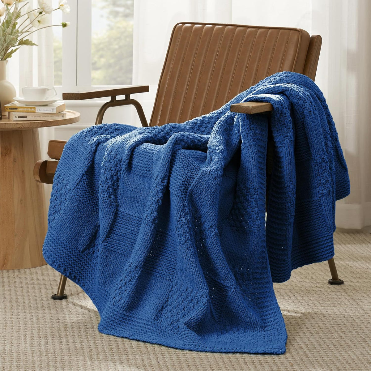 Amélie Home Chenille Knit Throw Blanket for Couch, Checkered Texture Decorative Soft Blanket for Sofa, Bed & Living Room, 50"x60", Blue