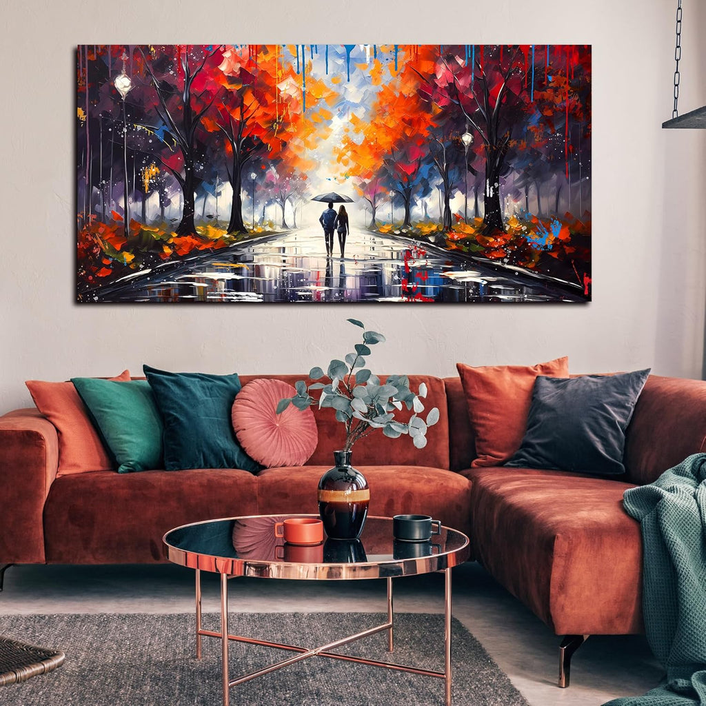 Large Canvas Wall Art for Living Room Bedroom Couple Walking in the Rain Picture Graffiti Red Tree Canvas Prints Framed Home Decor Size 30x60