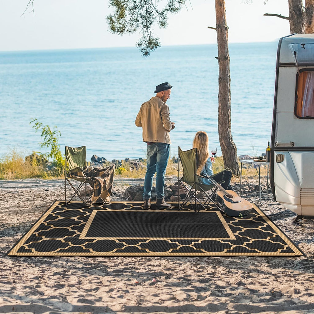 GENIMO 6' x 9' Outdoor Rug Waterproof for Patio Decor, Foldable Reversible Plastic Straw Area Rugs Mat for Camper, Outside Carpet for Rv, Deck, Porch, Picnic, Beach, Balcony, Black & Brown