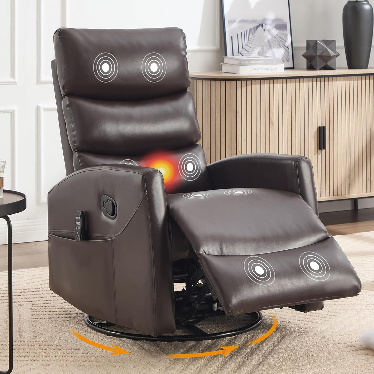 Manual Swivel Rocker Recliner Chair for Adults, Overstuffed Reclining Glider Chair for Nursing with Vibration Massage & Heat, Living Room Rocking Recliner 3-Stage backrest, Faux Leather Brown