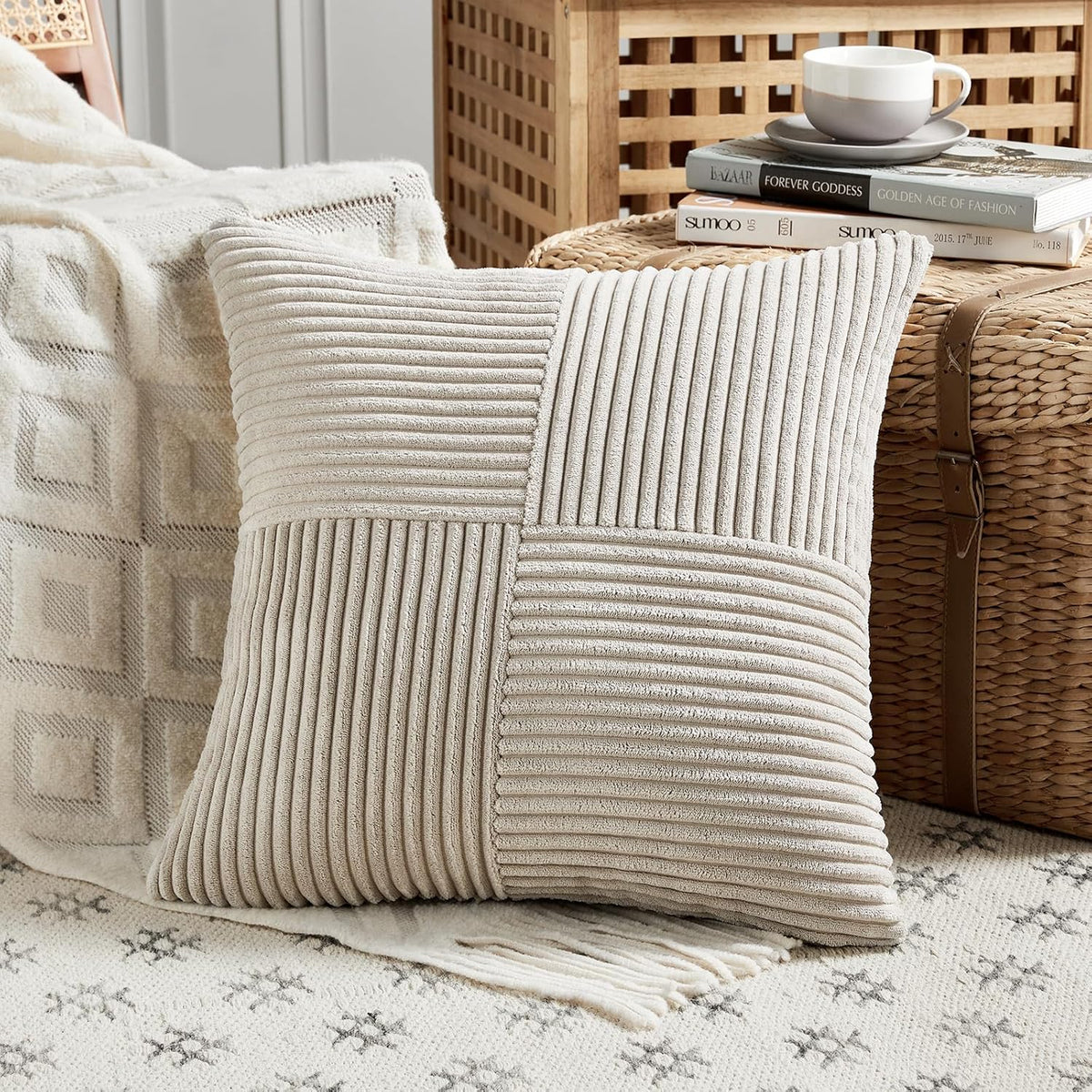 Fancy Homi 2 Packs Neutral Taupe Euro Decorative Throw Pillow Covers 26x26 Inch for Couch Bed Sofa, Rustic Farmhouse Boho Home Decor, Soft Corss Corduroy Patchwork Textured Square Cushion Case 66x66cm