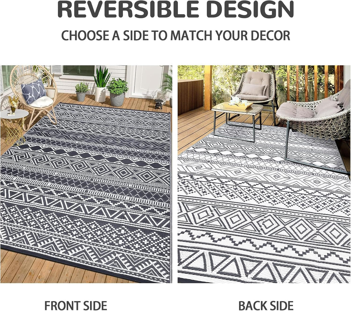 GAOMON Outdoor Rug 9'x12' Waterproof Rug for Patio Decor, Foldable Reversible Plastic Straw Area Rugs Mat for Camper, Outside Carpet for Deck, Porch, Picnic, Beach, Grey/White(Bohemia)