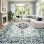 RELEANY Washable Area Rug, Large 9'x12', Teal Green/White/Navy | Non-Slip by RELEANY