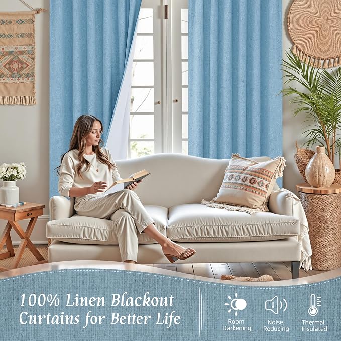 Blue 100% Blackout Linen Curtains 84 Inch - Image 2