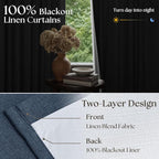Navy Pinch Pleated Blackout Linen 102 Inch Dual Layer Curtains 2 Panels Set | - Image 4