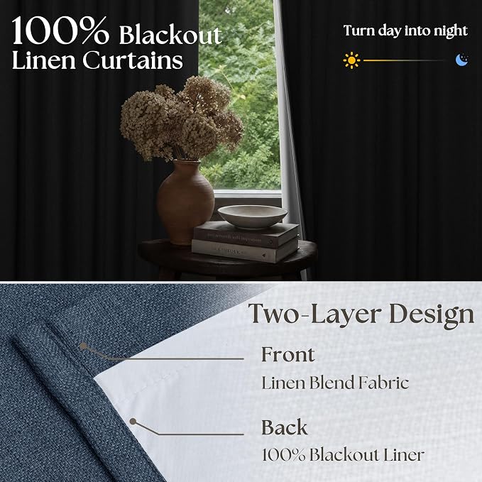Navy Blue Pinch Pleated Linen Blend Full Blackout Curtains 86 Inch Length | - Image 4