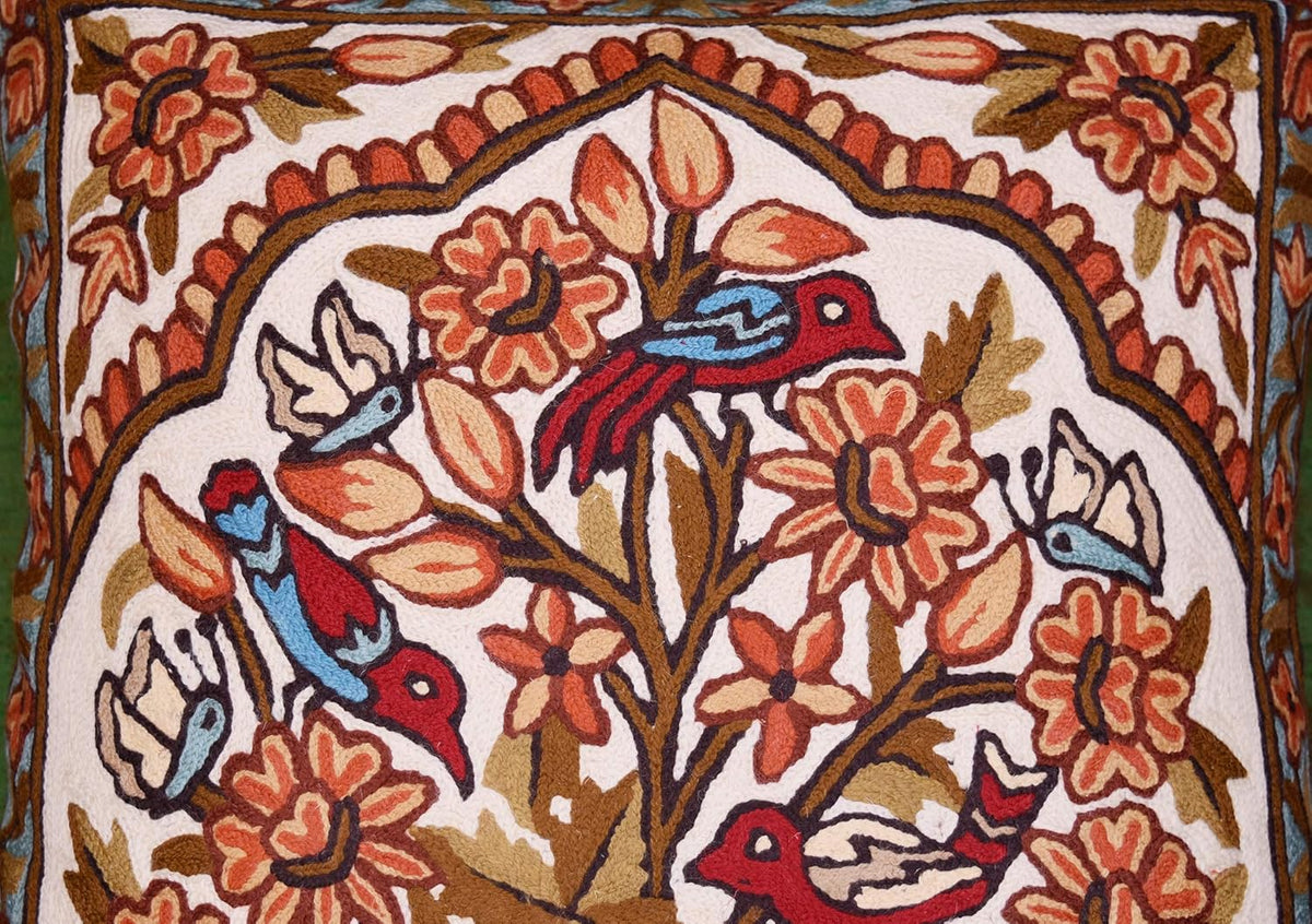 Tree of Life Pillow Cover - Gold Birds & Floral Suzani Cushions - Designer Flower Pillows - Modern Hand Embroidered Wool - Size 18x18