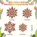 36pcs Snowflakes-Christmas Tree Decorations, Snowflake Ornaments for Tree, Plastic Glitter Red Gold Snow Flakes Ornaments, Christmas Indoor Winter Wonderland Frozen Birthday Party Holiday Home Decor
