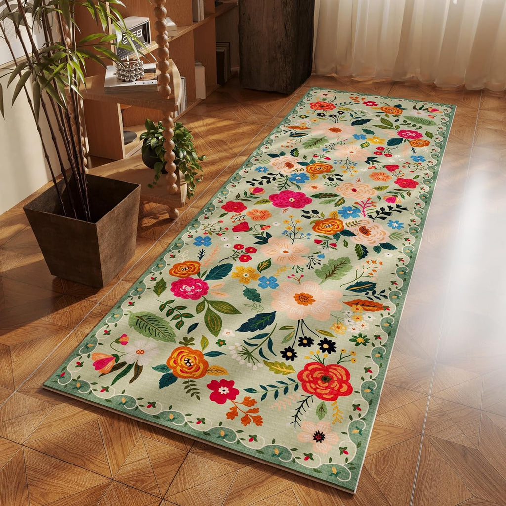 Runner Rug for Hallways Kitchen Rug Non Slip 2'x 6' Washable Rugs with Rubber Backing Soft Floral Carpet Runner for Hallways, Kitchen, Laundry, Bedroom, Bathroom(Green)