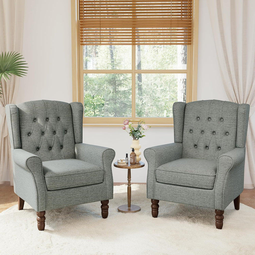 Lumibee High Back Accent Chair Set of 2,Upholstered Wingback Armchair with Solid Wood Legs for Small Spaces,Comfy Single Sofa Chair for Living Room,Bedroom,Office-Gray