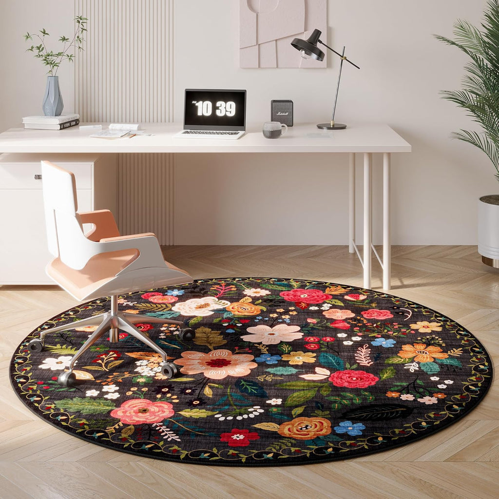 Round Rug 6ft Washable Circle Rug Non Slip Low Pile Boho Floral Small Circular Rug for Bedroom, Bathroom, Entryway, Kids Room, Office, College Dorm(Black)