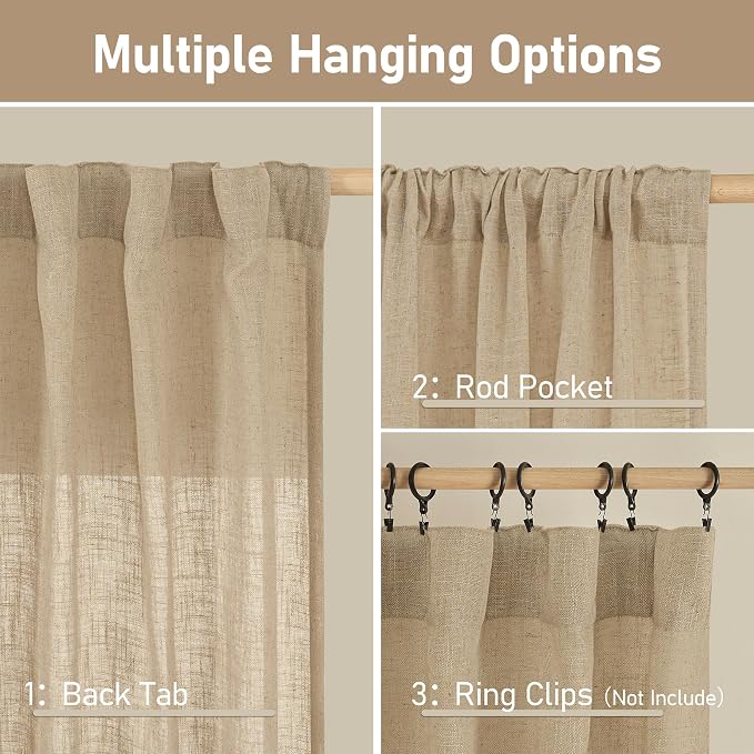 Brown Sheer Linen Curtains 48 Inch Length 2 Panels, 34 x 48 Inch | Semi Sheer - Image 2