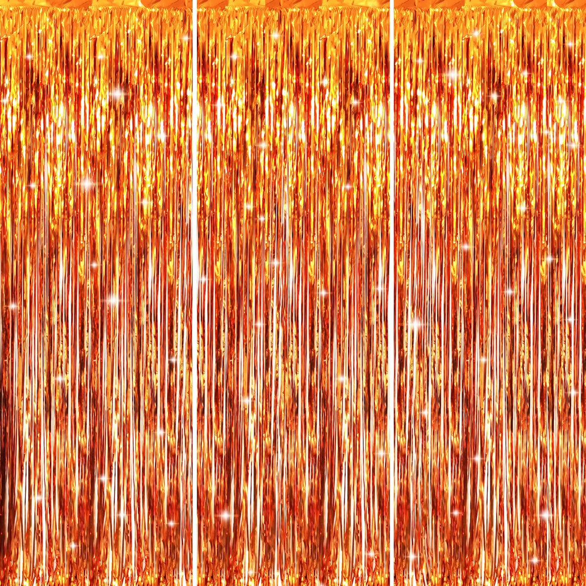 GOER 3.2 ft x 9.8 ft Metallic Tinsel Foil Fringe Curtains Party Photo Backdrop Party Streamers for Birthday,Graduation,New Year Eve Decorations Wedding Decor (3 Packs,Orange)