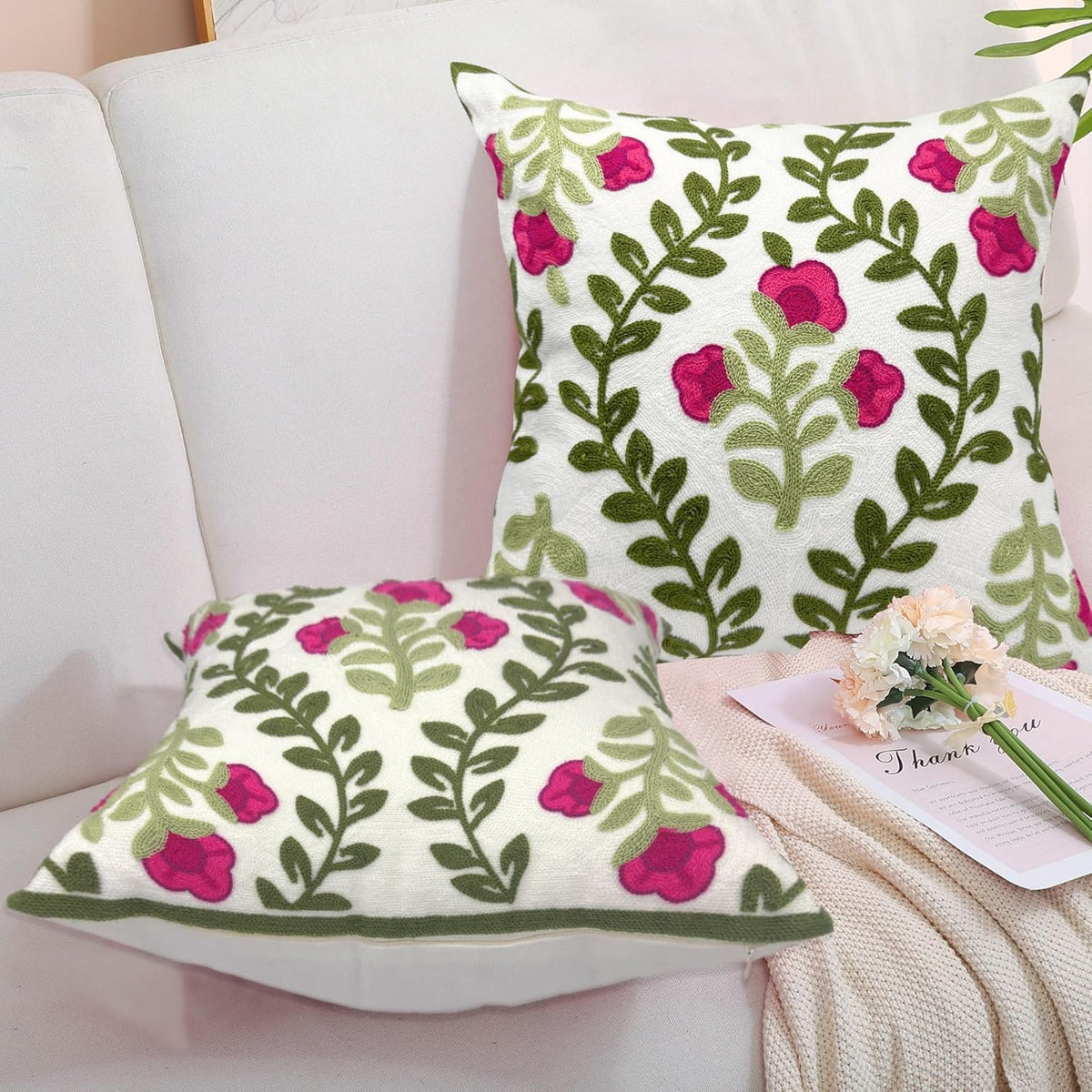 Alysheer Floral Embroidered Summer Decorative Throw Pillow Covers 20"x 20" Set of 2, Farmhouse Cottage Hot Pink Flowers Green Leaves Knit Pattern Cotton Canvas Cushion Case for Couch Bed Living Room