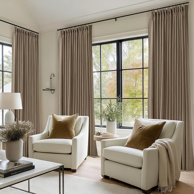 Latte 105 Inch Linen 100% Light Blocking Curtains Drapes 2 Panels Set | Pinch - Image 6