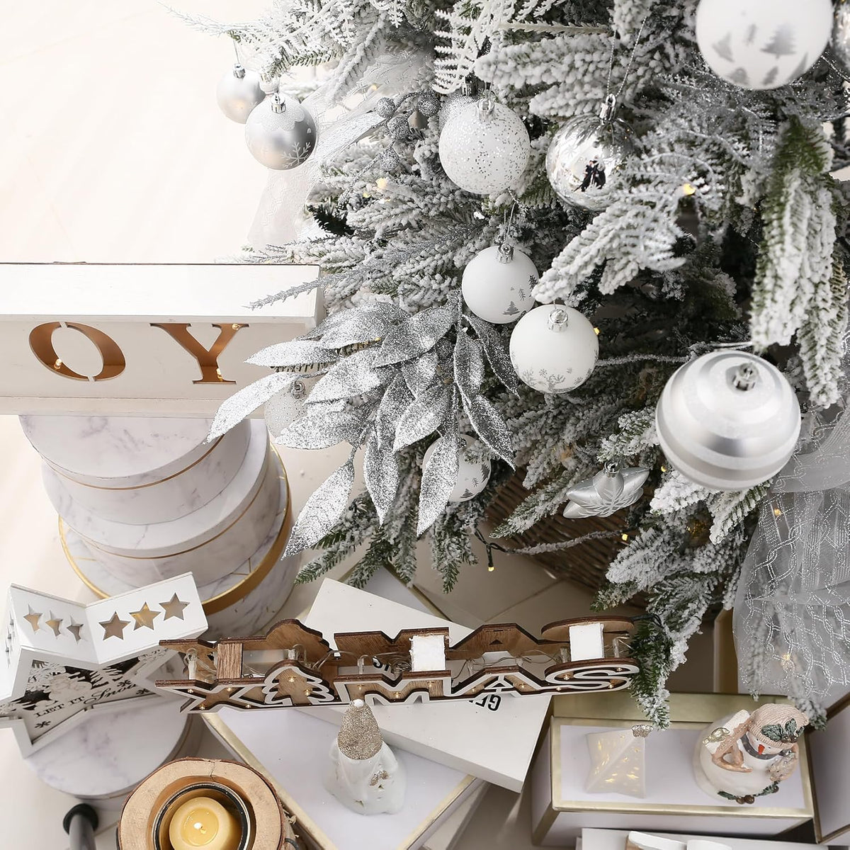 Sea Team 60mm/2.36" Delicate Contrast Color Theme Painting & Glittering Christmas Tree Pendants Decorative Hanging Christmas Baubles Balls Ornaments Set - 30 Pieces (Silver & White)