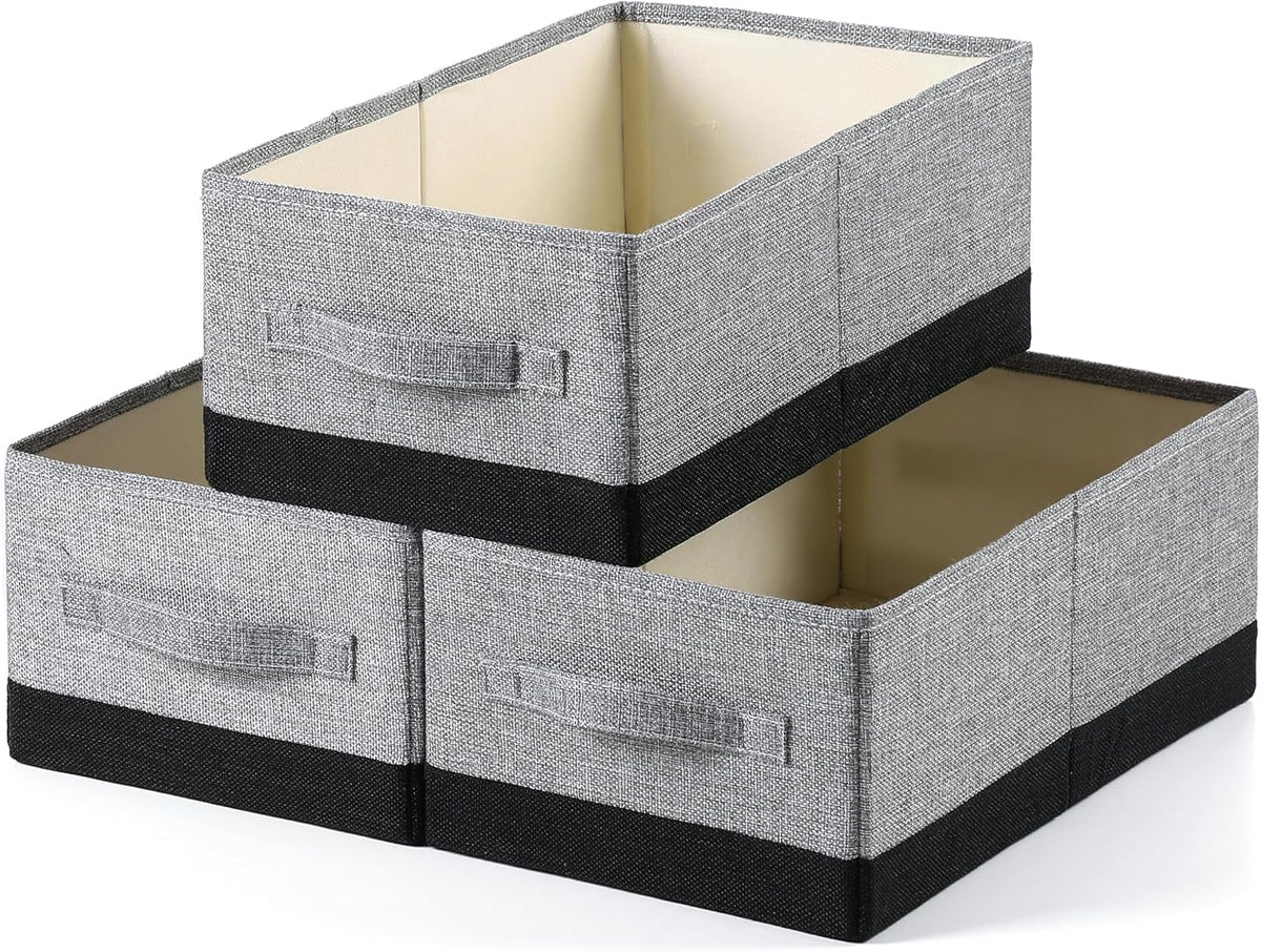 linen closet organizers and storage, 3 Pack Large Storage Baskets, Washable, Clothing Storage Bins with Handle, Closet Organizer for Storage Sweater,Sheets (gray black, 16"x9½"x6¾")