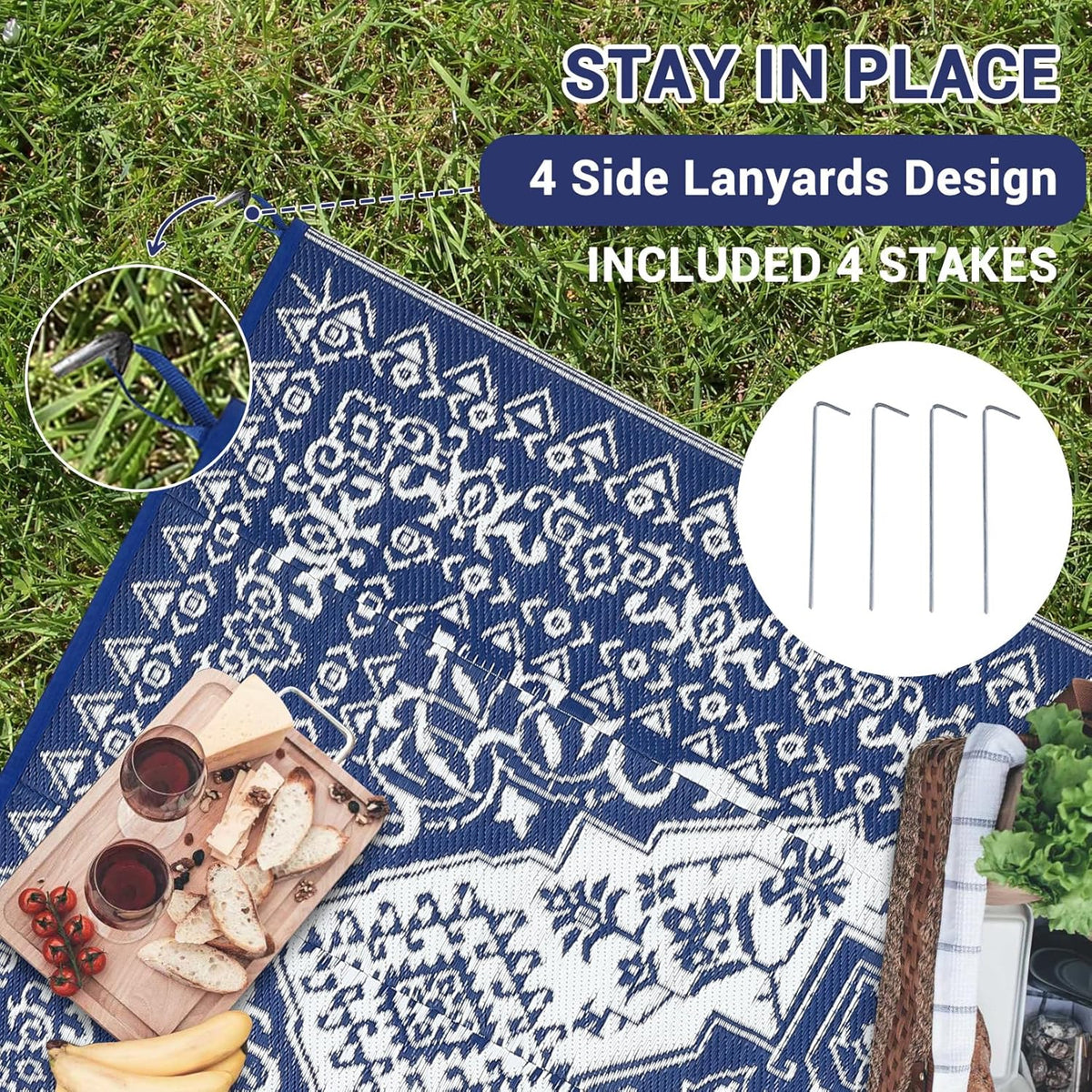 GAOMON Large Outdoor Plastic Straw Rug 10x14 Waterproof Patio Rug Reversible Foldable Portale Camping Mat with Stakes & Bag, Vintage Boho Outside Carpet for RV Garden Deck Porch, Navy