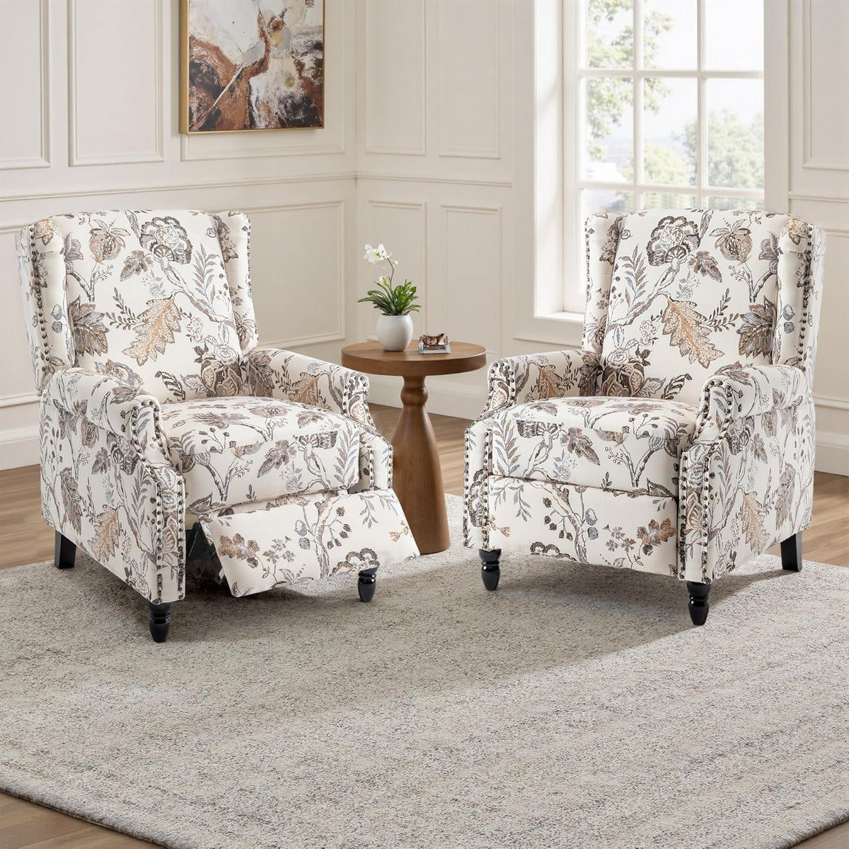 UIXE Recliner Chairs Set of 2, Fabric Upholstered Armchair Pushback Accent Chair for Living Room, Floral Rivet Trim Club Chair Home Theater Single Sofa Bedroom Side Reading Seat - Beige Plants