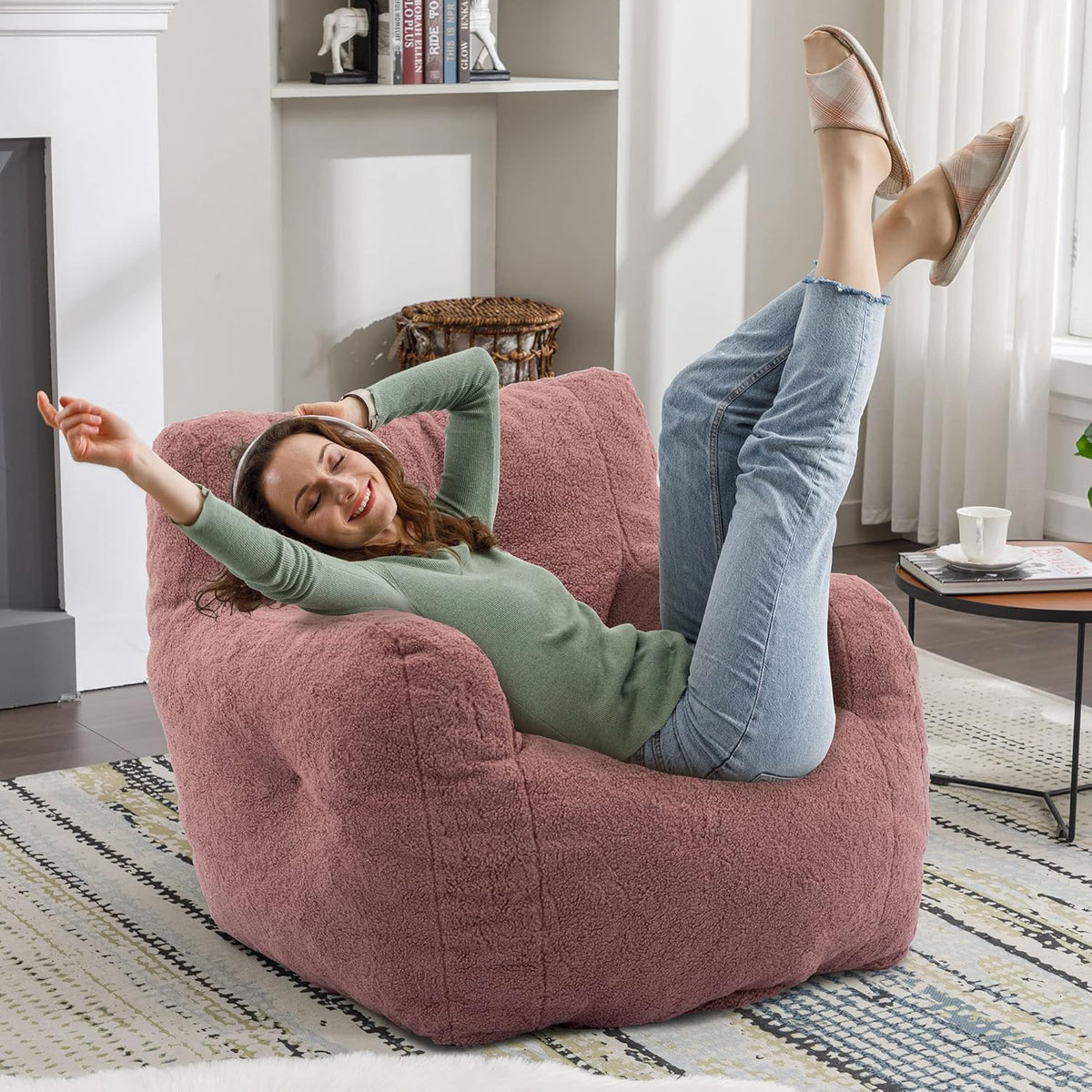 Recaceik Large Bean Bag Chairs, Tufted Soft Stuffed Bean Bag Chair with Filler, Fluffy Lazy Sofa, Imperial Lounger Giant Bean Bag Chair for Bedroom, Living Room, Rufous