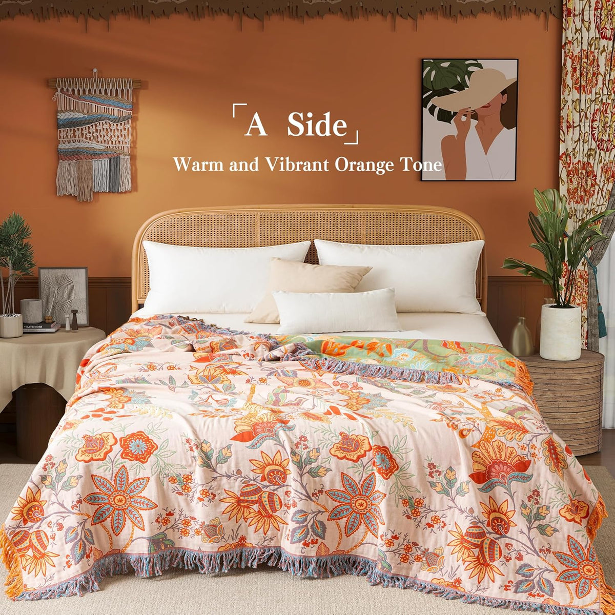 Boho Throw Blanket Queen Size, Soft Cozy Cotton Muslin Quilt Blanket for Bed Decor, Floral Patterned Couch Sofa Chair Cover, Vintage Farmhouse Cottage Tapestry Woven Blanket, Coral&Green
