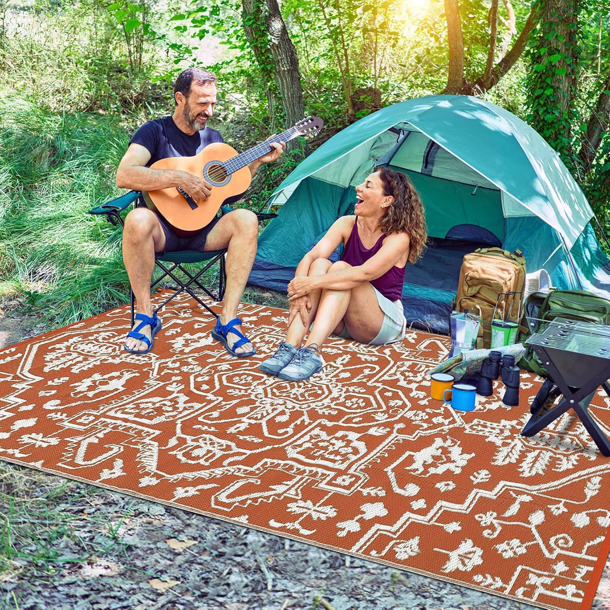 Waterproof Outdoor Rug 9x18 Reversible Plastic Straw Patio Rug, Stain-Resistant Vintage Medallion Carpet, Large Indoor Outdoor RV Mat for Deck, Camping, Balcony, Vintage Terracotta Brick/White