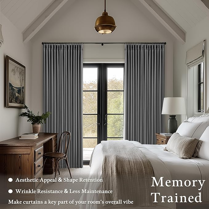 Dark Grey Pleated Thick Linen Blackout Curtains 86 Inches Long - Image 4