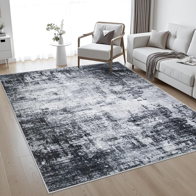 Area Rug Living Room: 4x6 Modern Washable Soft Carpet Dark Black | by FXRHLP