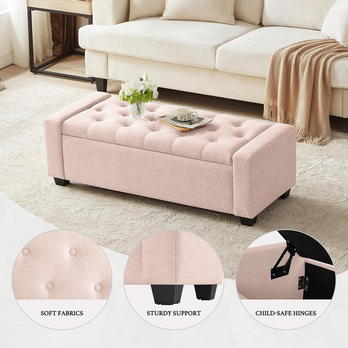 48" Ottoman with Storage, Pink Storage Ottoman Bench with Safety Hinge, Upholstered Entryway Bench with Seating for Bedroom, Living Room, Holds up to 330 lb